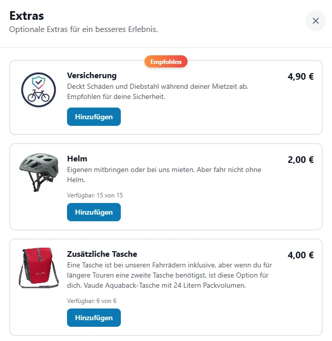 Shop: Extras wie Versicherung, Helm und zusätzliche Tasche