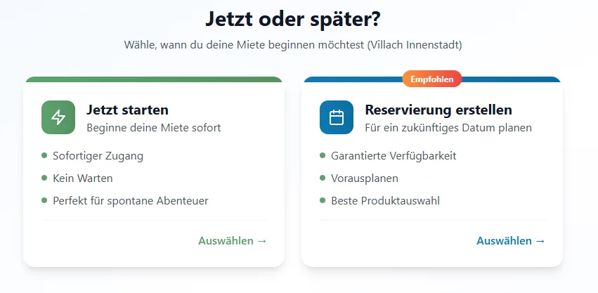 Shop: Sofort starten für eine sofortige Miete oder Reservierung für ein späteres Datum
