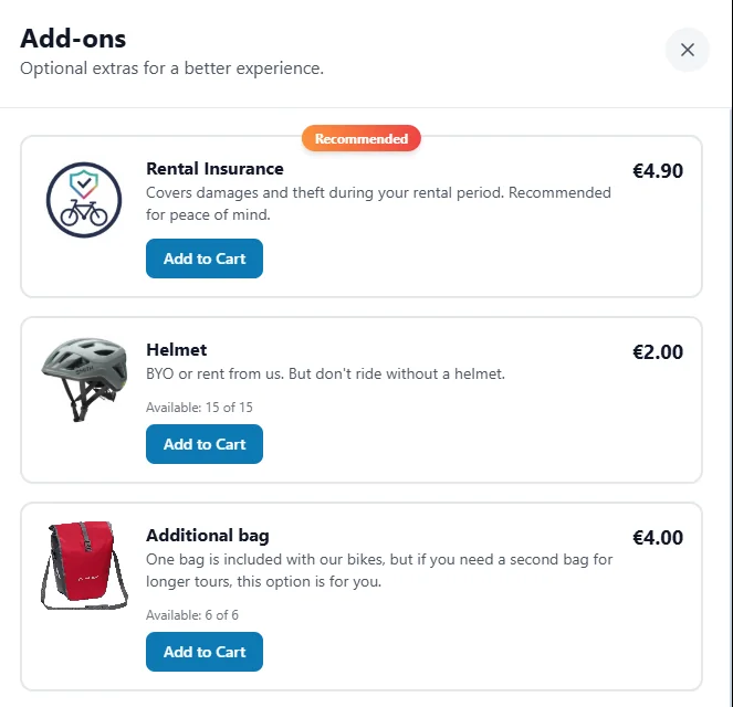 Store: add-ons such as rental insurance, helmet, additional bag and child seat