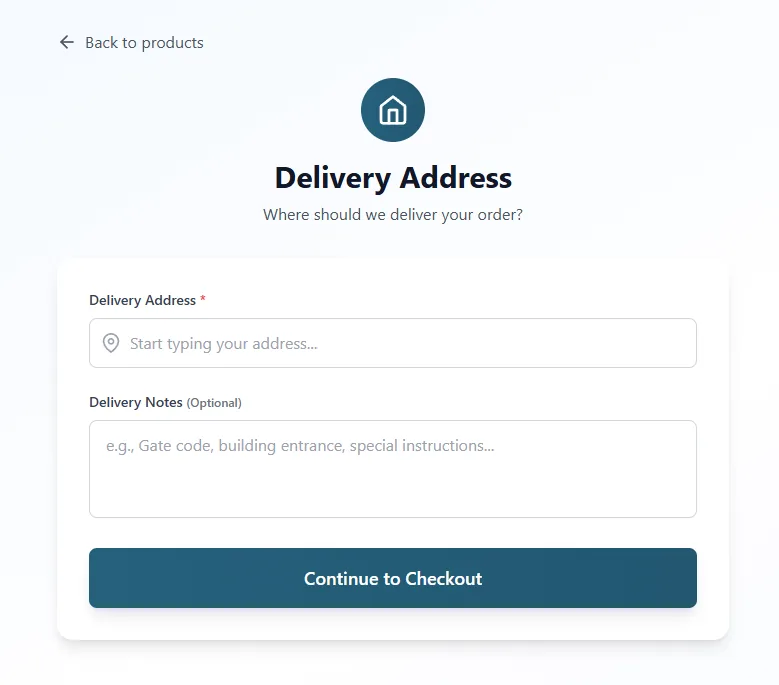 Customer delivery address step with address field and delivery notes