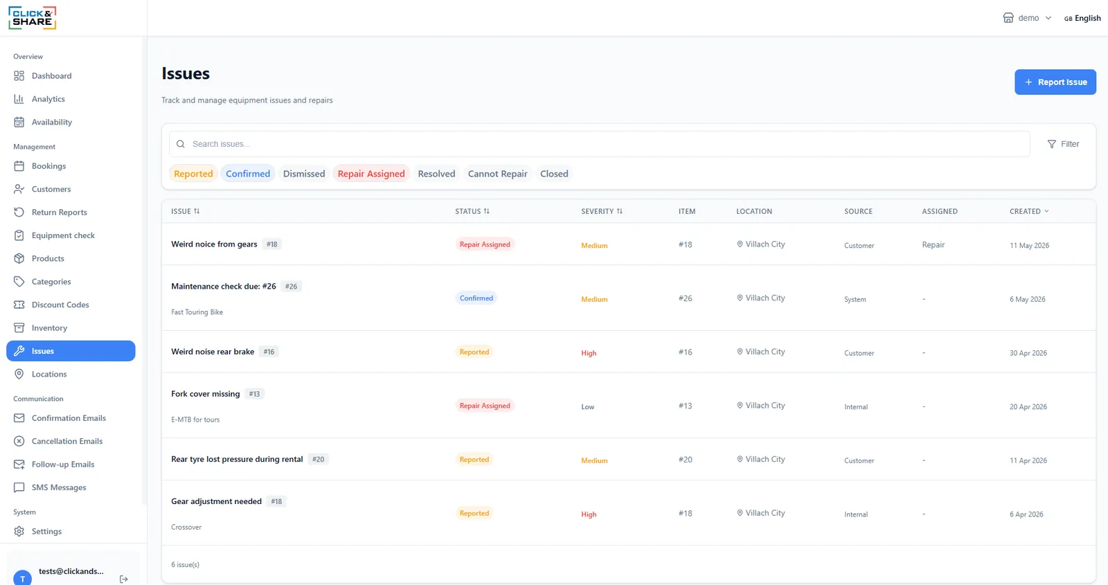 Issues list with status filters, severity, item, location, source and assignee